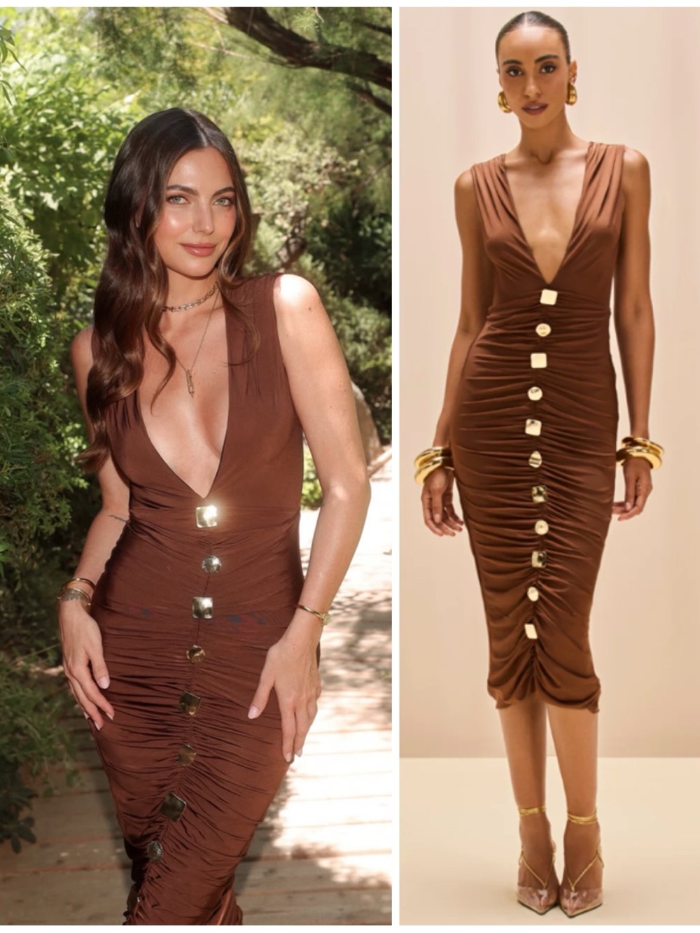 Patbo Moonlit Jersey Midi Fitted Ruched Dress Brown & Gold Size Women’s 4 flaw